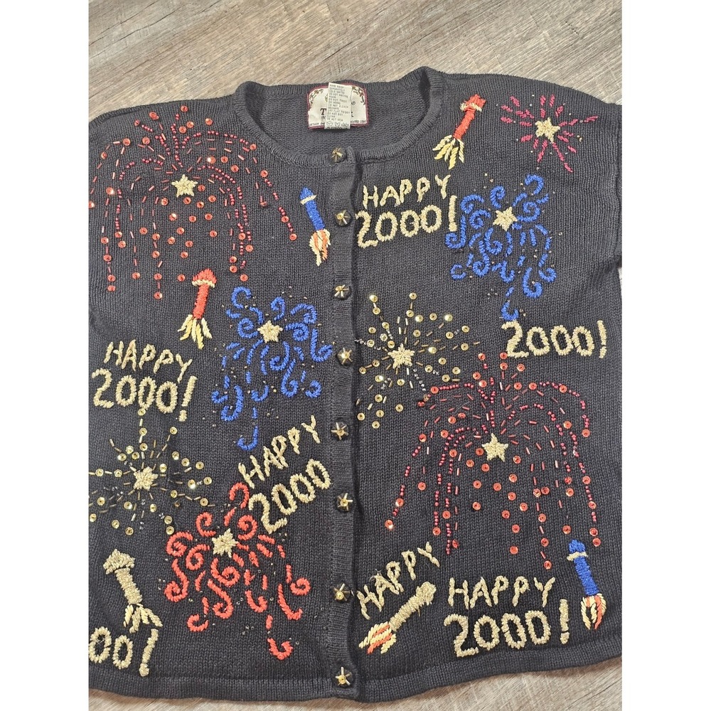 Vintage Y2K Happy 2000 Millennium Fireworks Cardigan Sweater Beaded Sequin Party - Picture 7 of 10